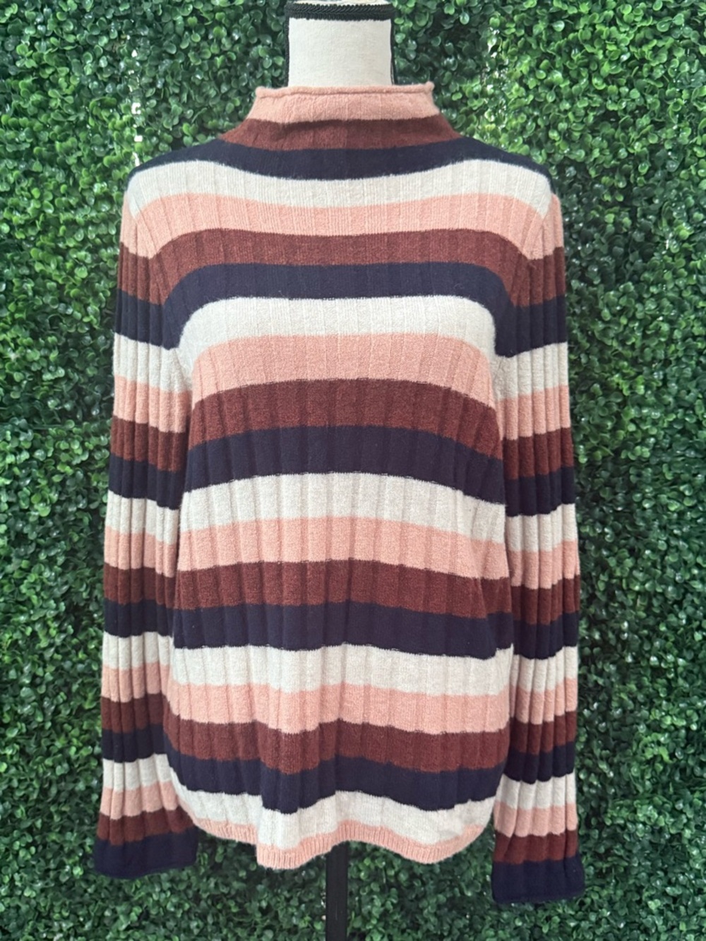 Madewell Striped Ribbed Mock-Neck Sweater in Pink, Brown & Navy